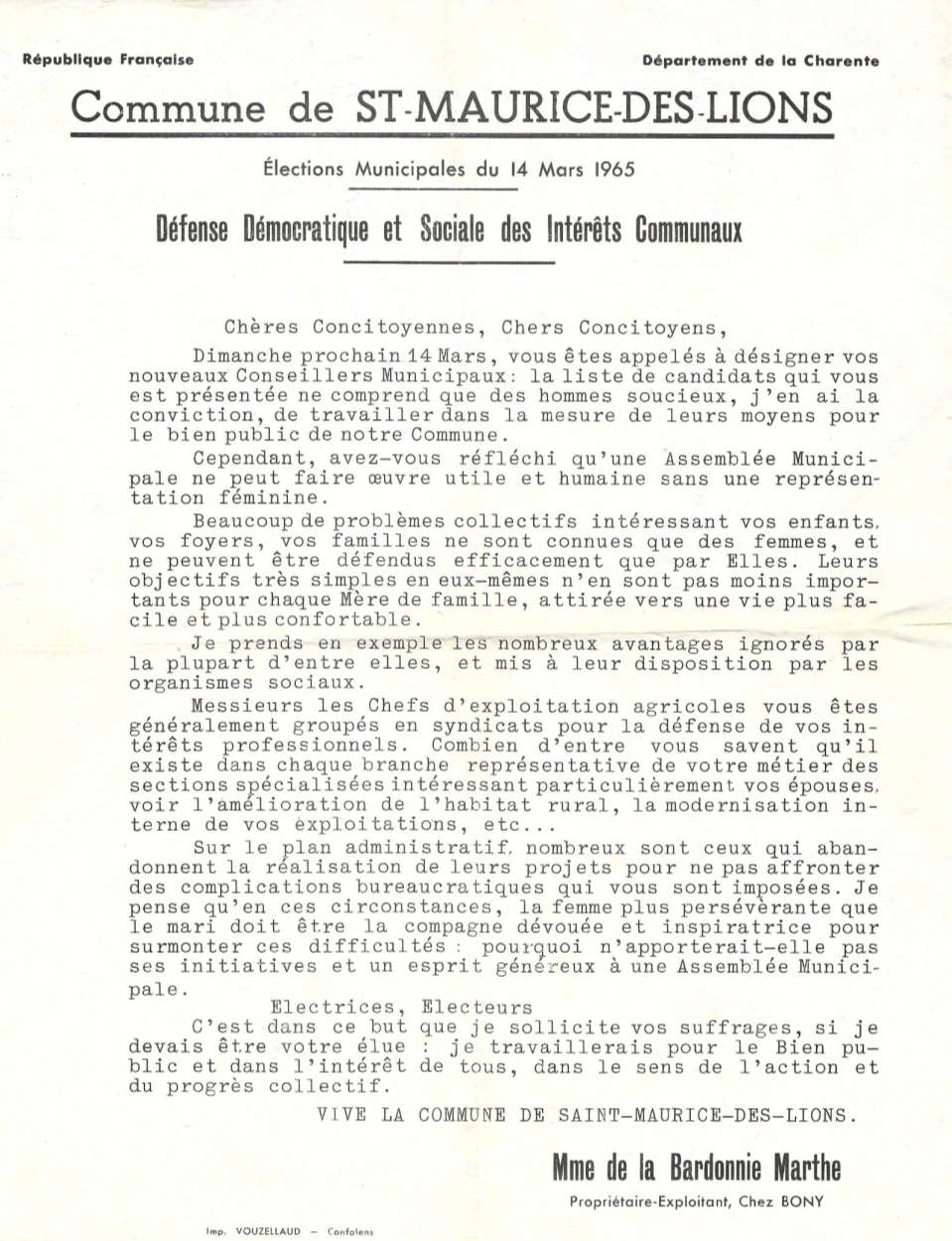 Candidature municipales Marthe 1965